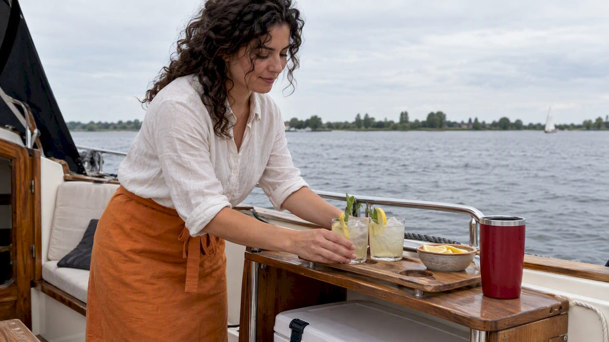 Cocktails geserveerd op een plank aan boord