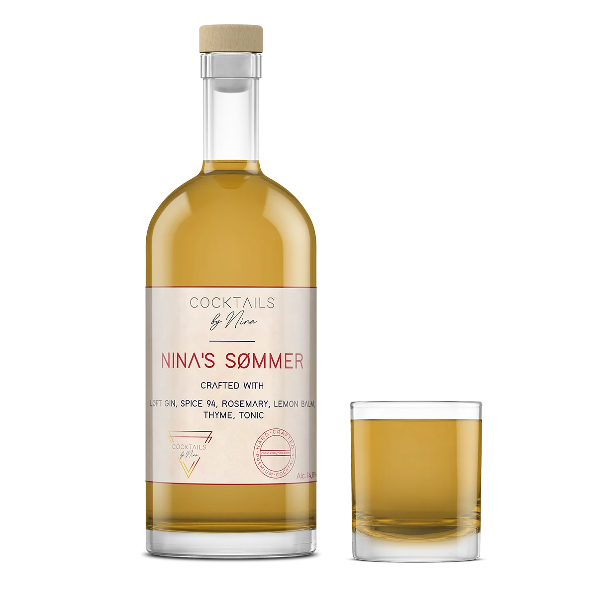 Nina's Sømmers cocktail in a clear bottle with a white label, featuring herbs and a glass with a yellow drink.-Cocktails by Nina