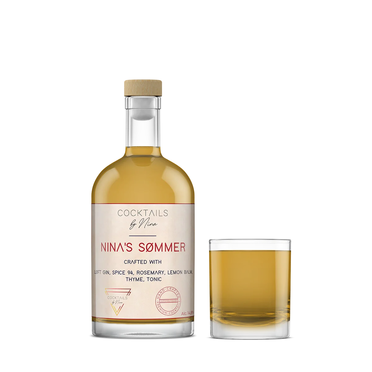 Nina's Sømmers cocktail in a clear bottle with a white label, accompanied by a glass filled with the drink.-Cocktails by Nina