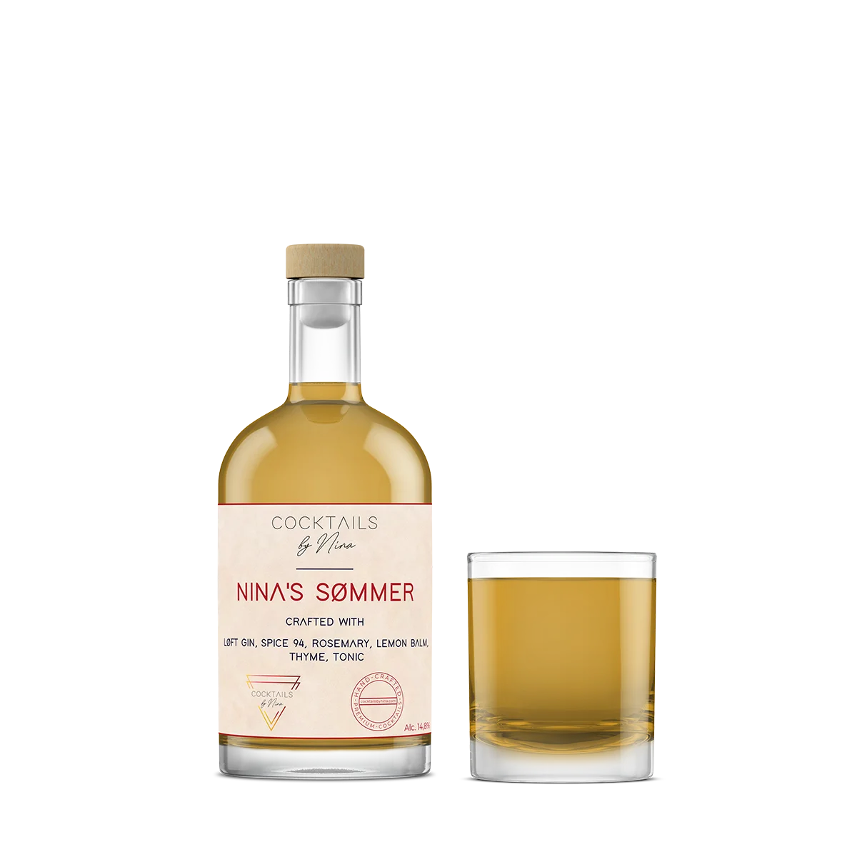 Nina's Sømmers cocktail bottle with a glass, featuring a light amber liquid and a wooden cap.-Cocktails by Nina