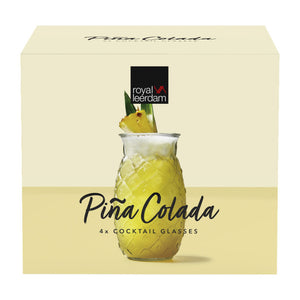 Pina colada glasses set of four, featuring a pineapple design, packaged in a yellow box with branding.-Cocktails by Nina