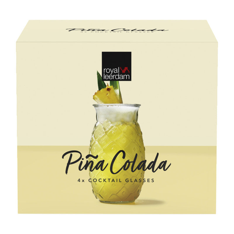 Pina colada glasses set of four, featuring a pineapple design, packaged in a yellow box with branding.-Cocktails by Nina
