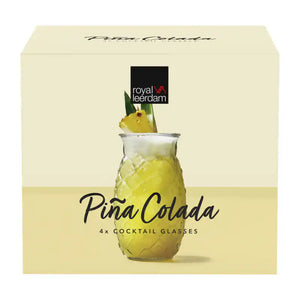 Pina colada glasses set of four, featuring a pineapple design, packaged in a yellow box with branding.-Cocktails by Nina-Cocktails by Nina
