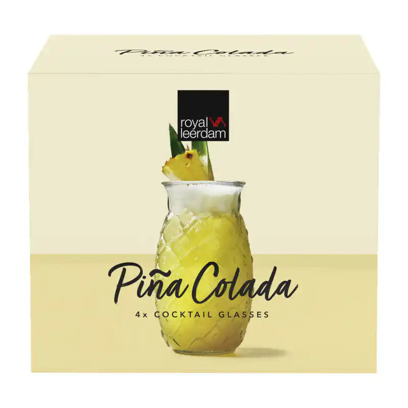 Pina colada glasses set of four, featuring a pineapple design, packaged in a yellow box with branding.-Cocktails by Nina-Cocktails by Nina