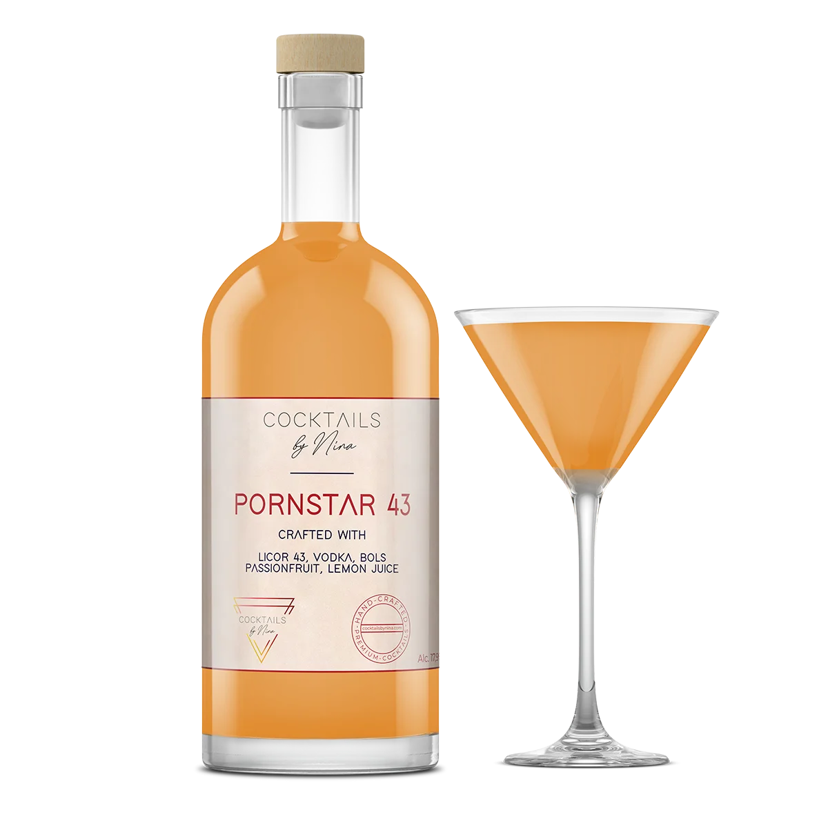 Pornstar 43 bottle with a cork top, featuring a label and a glass filled with orange liquid.-Cocktails by Nina
