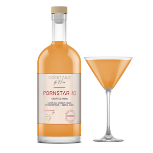 Pornstar 43 bottle with a cork top, featuring a label and a glass filled with orange liquid.-Cocktails by Nina
