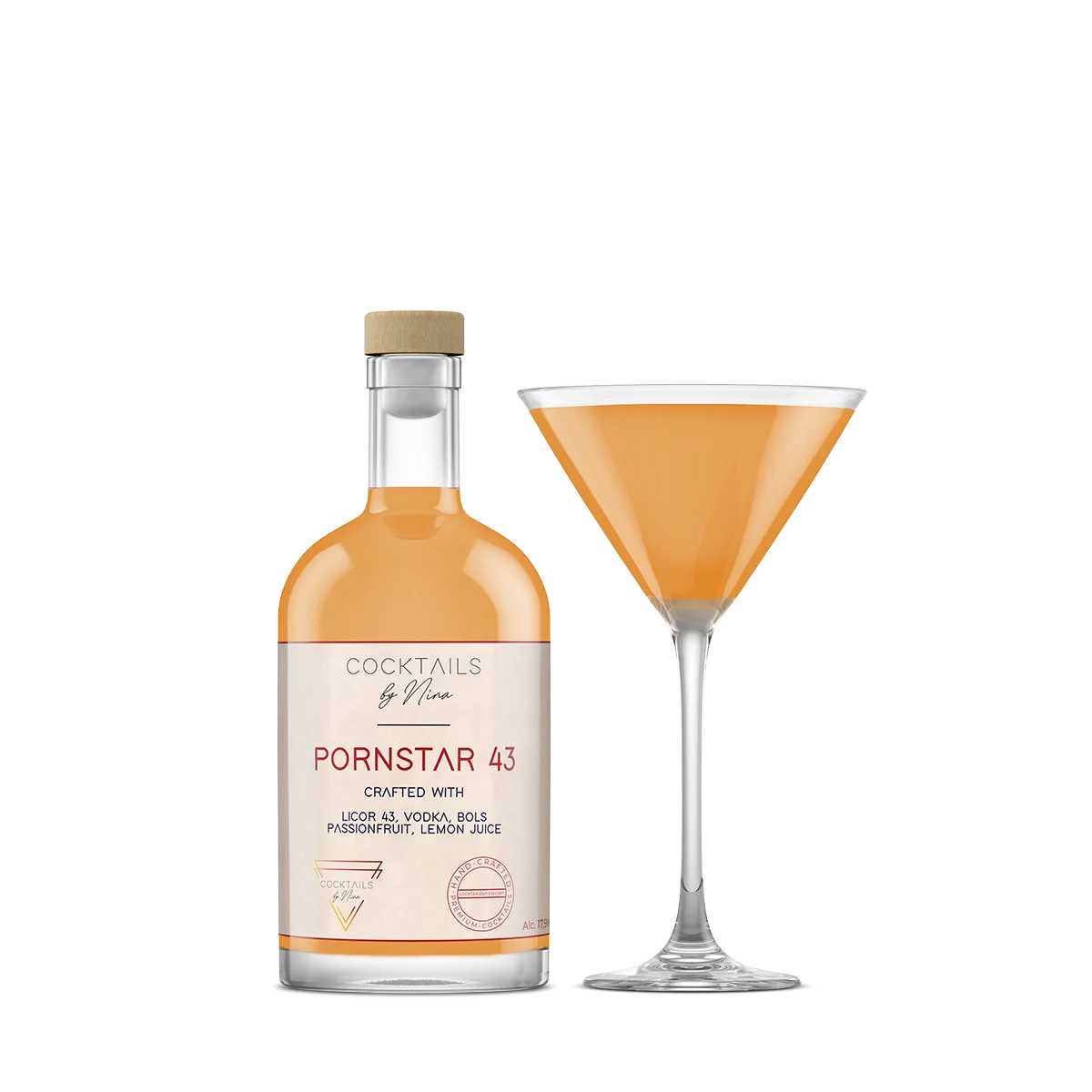 Pornstar 43 cocktail in a glass, featuring a bottle with a label, orange liquid, and a martini glass.-Cocktails by Nina