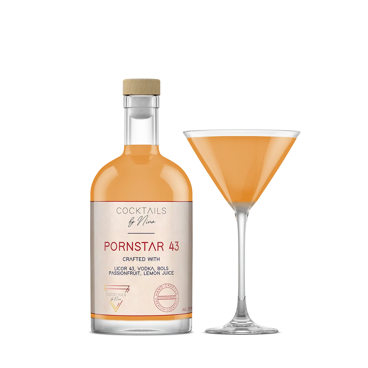 Pornstar 43 liqueur bottle with a clear glass martini glass filled with orange drink, featuring a smooth gradient background.-Cocktails by Nina