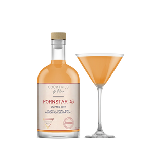 Pornstar 43 liqueur bottle with a clear glass martini glass filled with orange drink, featuring a smooth gradient background.-Cocktails by Nina