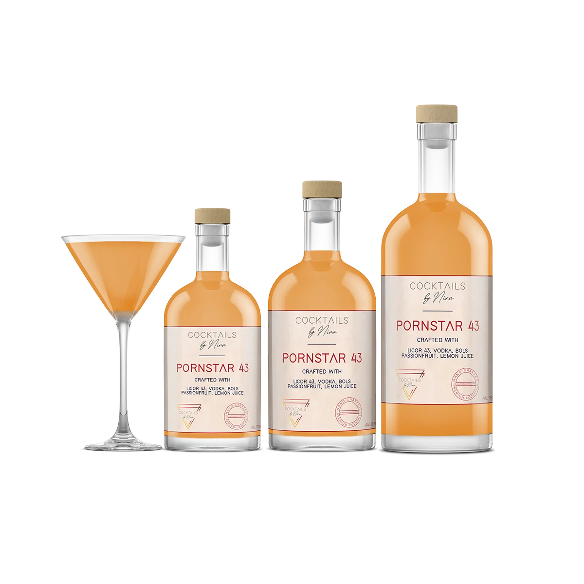 Pornstar 43 cocktail bottles in various sizes with a glass, featuring a vibrant orange liquid and labeled design.-Cocktails by Nina