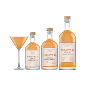 Pornstar 43 cocktail bottles in various sizes with a glass, featuring a vibrant orange liquid and labeled design.-Cocktails by Nina